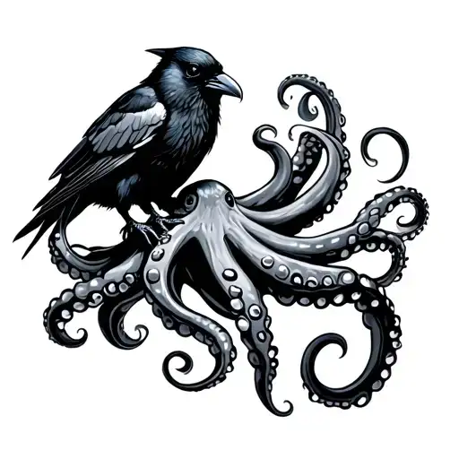 A Crow Stuck In The Arms Of An Octopus