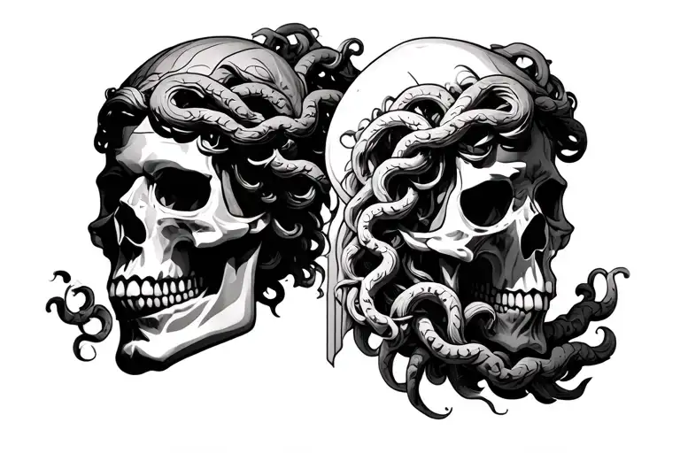 Front Neck Skull Tattoo Featuring Greek Medusa On Side