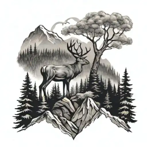 Forest And Mountain And Deer