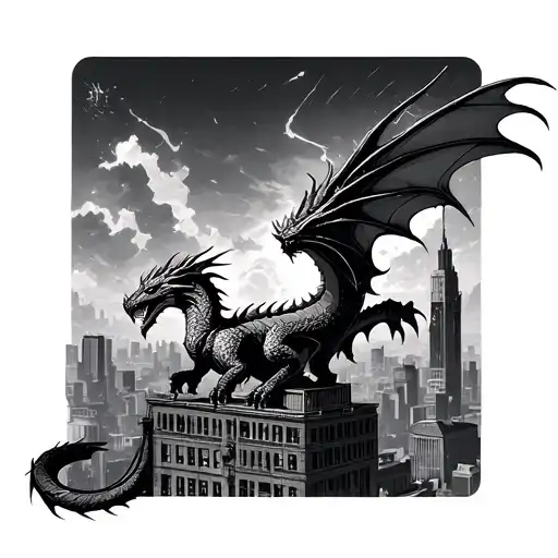 Cyber Sigilism Dragon Flying Around A City Building