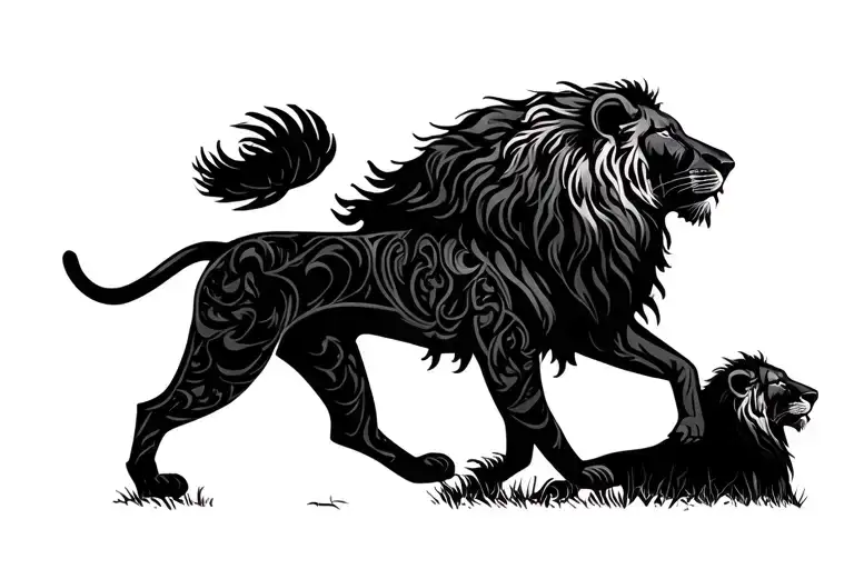 Silhouette Of A Lion Following Behind Anothe Lion Who Is Following Behind A Lioness