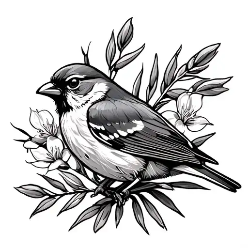 House Sparrow With Olive Branches And Flax Flowers