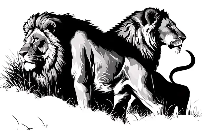 Silhouette Of A Lion Following Behind Anothe Lion Who Is Following Behind A Lioness