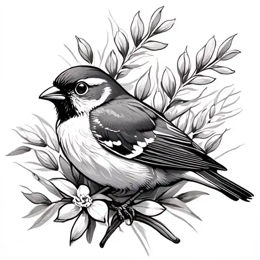 House Sparrow With Olive Branches And Flax Flowers