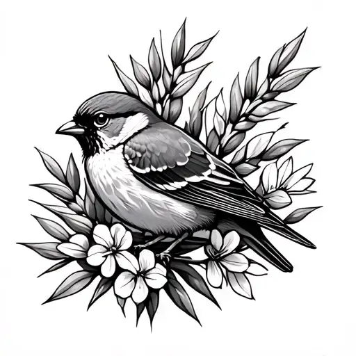 House Sparrow With Olive Branches And Flax Flowers