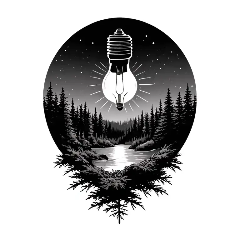 Northern Forest Nature Scene With A Lightbulb Above The Forest As The Sun