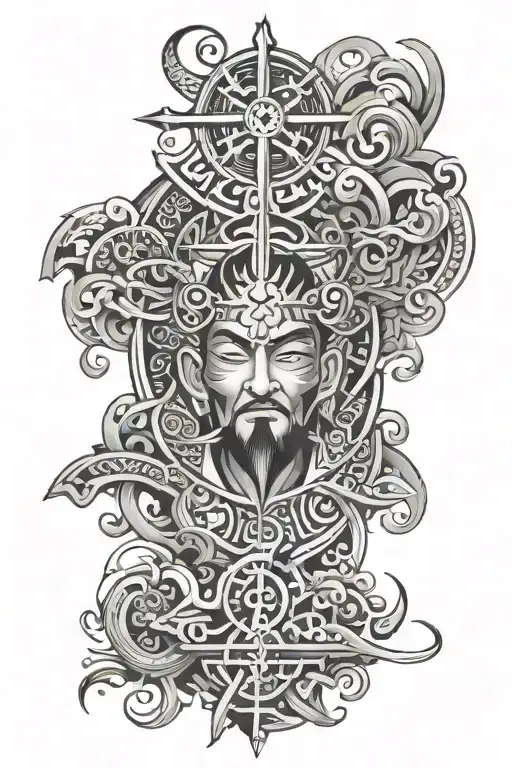 Japanese Style Tattoo Featuring Christian Elements And Polynesian Style Patterns