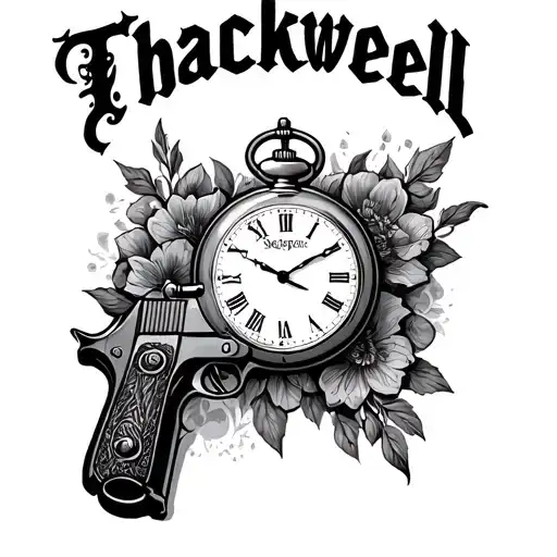 Last Name Thackwell In Old English With Pocket Watch An Hand Gun Behind