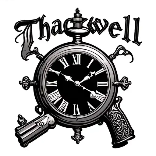 Last Name Thackwell In Old English With Pocket Watch An Hand Gun Behind The Name