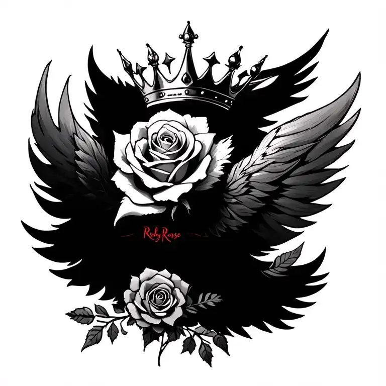 Rising Ashes Phenix With Crowns And Rose In Middle With Ruby Rose Signature