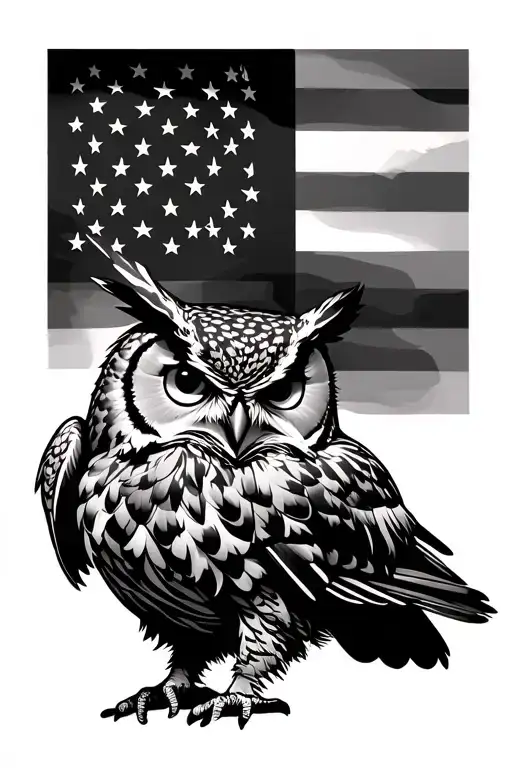 Great Horned Owl And American Flag