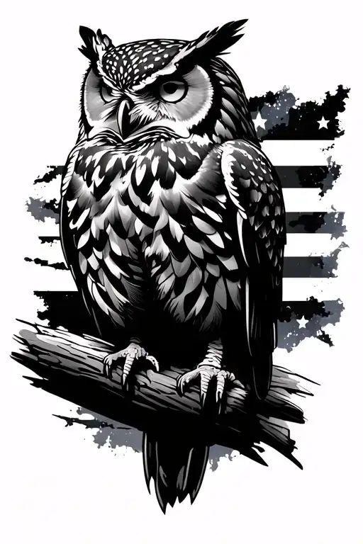 Great Horned Owl And American Flag