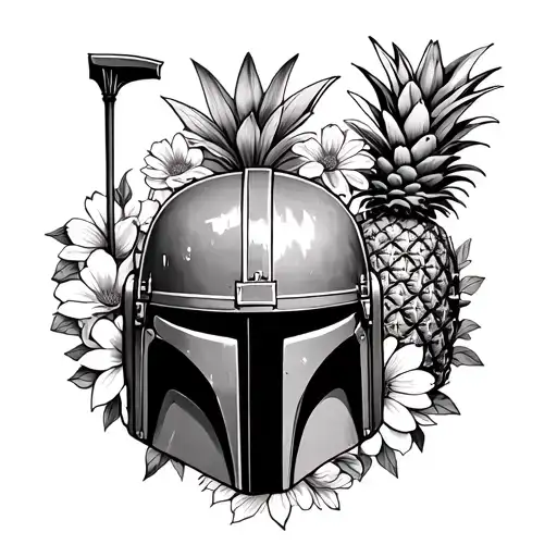 Boba Fett Helmet Surrounded By Flowers And A Pineapple