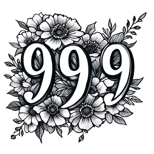 999 Number Fineline Tattoo With Flowers Infinity