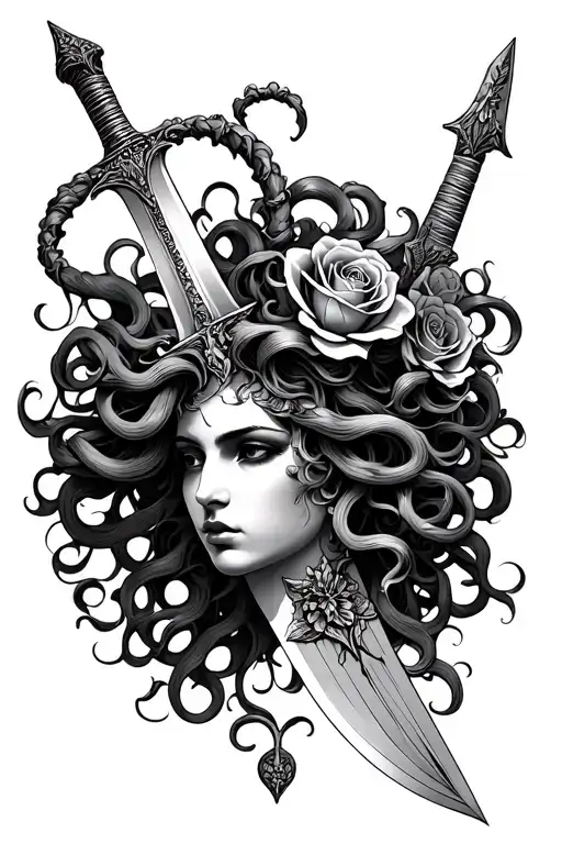 Medusa With A Long Dagger That Has Roses Carved Into The Hilt