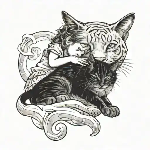 Small Girl Hugging A Large Cat Curled