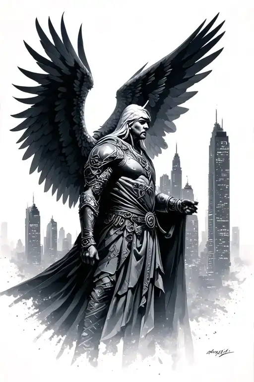 Dark Warrior Angel City Skyline