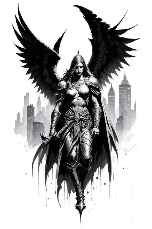 Dark Warrior Angel City Background Black And White