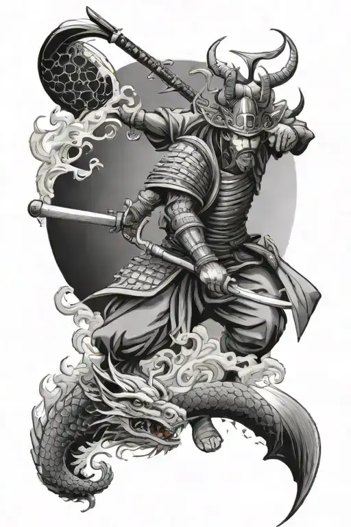 Samurai In Full Gear On A Flying Island With A Palace And A Flying Dragon In The Background