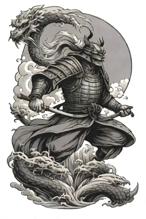 Samurai In Full Gear On A Flying Island With A Palace And A Flying Dragon In The Background