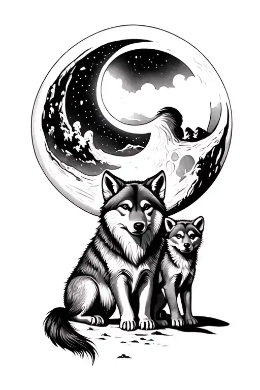 Wolf On A Moon And Two Cubs