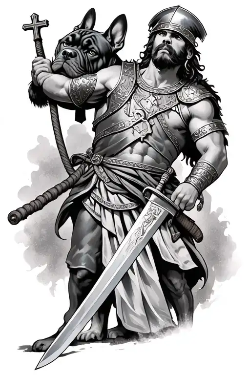 Roman Soldier Holding A Sword And Has A Cross Around His Neck With A Cane Corso At His Side