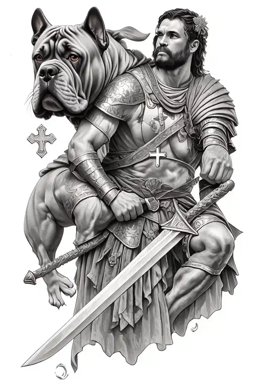 Roman Soldier Holding A Sword And Has A Cross Around His Neck With A Cane Corso At His Side
