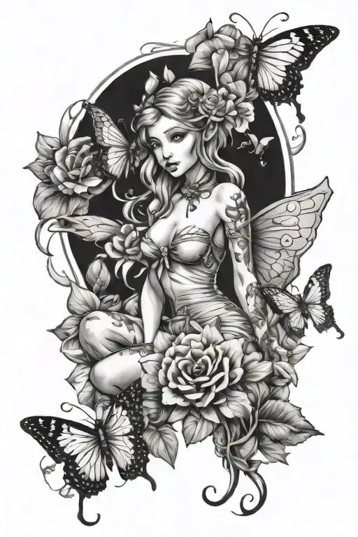 Elf Fairy Pinup Girl Surrounded By Flowers And Butterflies