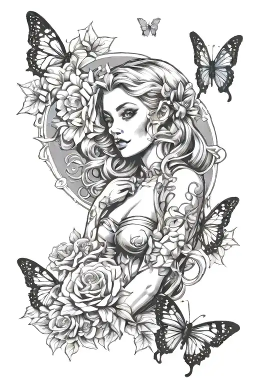 Elf Pinup Girl Surrounded By Flowers And Butterflies