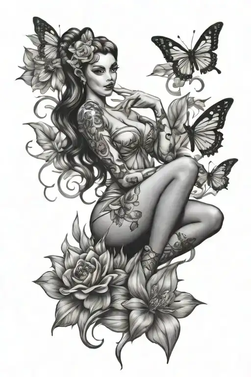 Elf Pinup Girl Surrounded By Flowers And Butterflies
