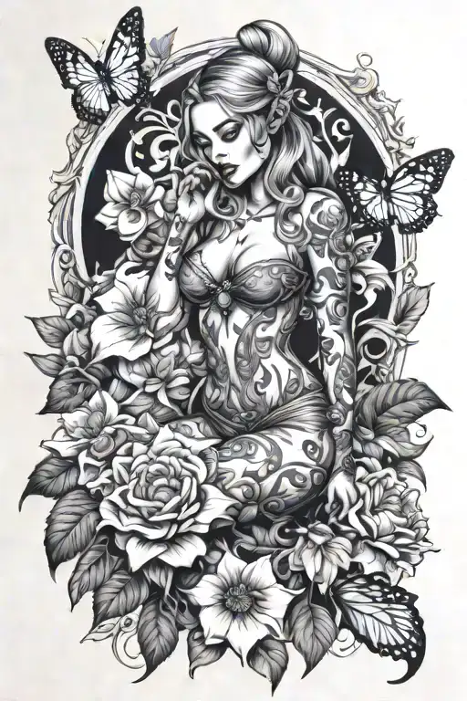 Full Body Elf Pinup Girl Surrounded By Flowers And Butterflies