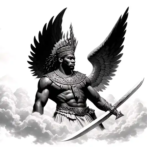 African King Warrior With Wings And Sword Surrounded By Clouds