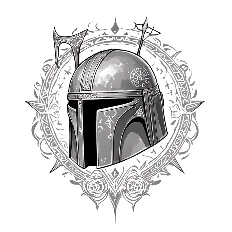 A Boba Fett Helmet Adorned With Norse Symbols And Runes