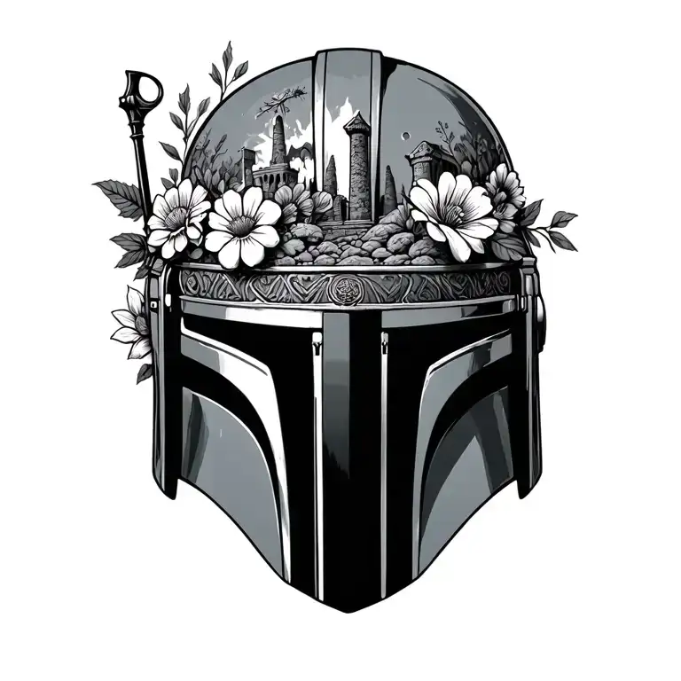 A Boba Fett Helmet Adorned With Norse Ruins With Flowers Surrounding It