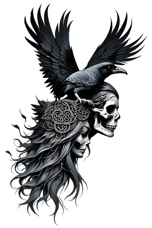 Celtic Goddess Head With Crows And Skulls