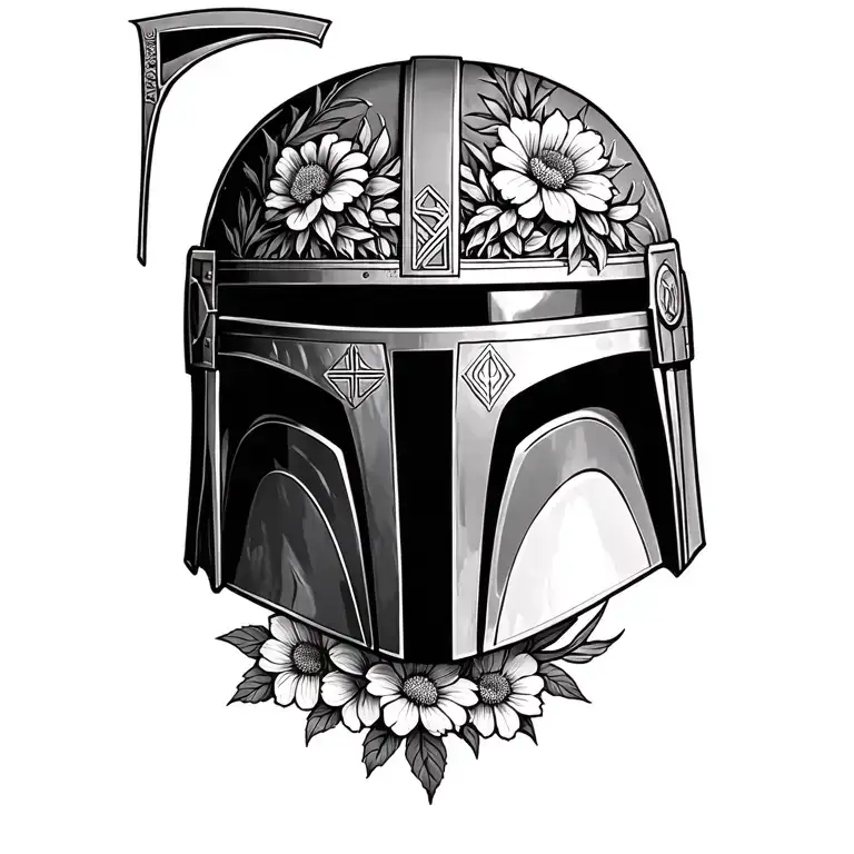 A Boba Fett Helmet Adorned With Norse Symbols Etched Into It With Flowers Surrounding It