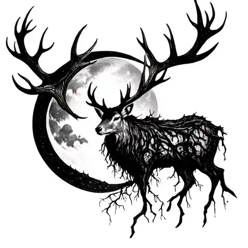 Dear Made From Tree Roots Reaching Deep And A Cresent Moon Between The Antlers