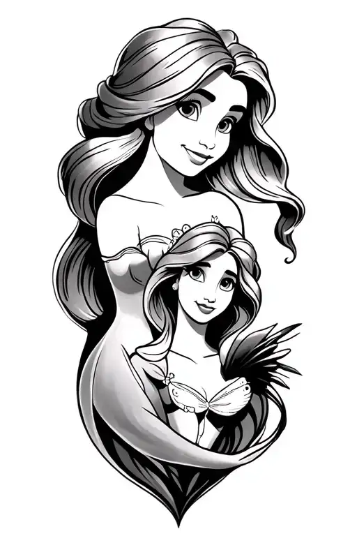 Disney Characters Monochrome Tattoo Ariel And Rapunzel Pascal And Flounder