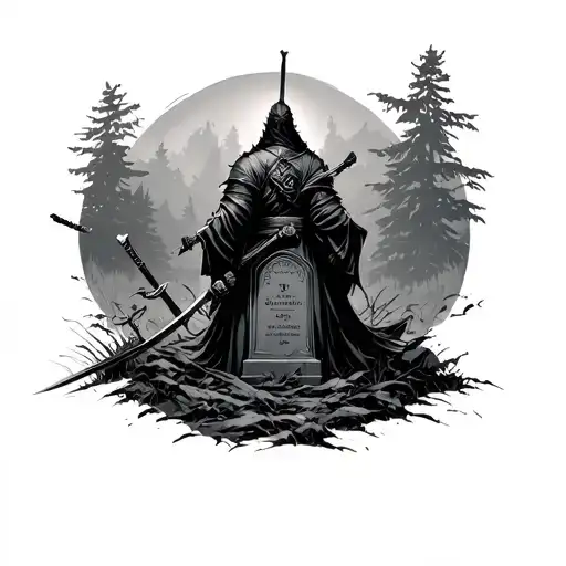 Ronin Overlooking Grave Stone