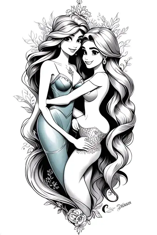 Disney Characters Monochrome Tattoo Ariel And Rapunzel Pascal And Flounder Sillouhettes