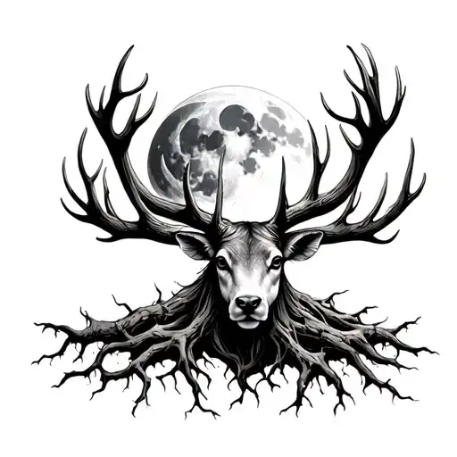 Dear From The Neck Up Made From Tree Roots Reaching Deep And A Cresent Moon Between The Antlers