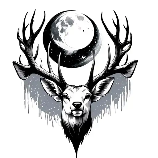 Dear From The Neck Up Reaching Deep And A Cresent Moon Between The Antlers