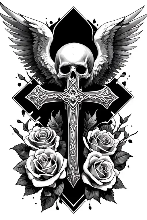 Death Angel With Turned Cross And Roses