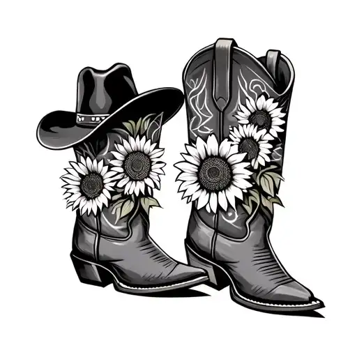 Two Cowboy Boots Facing The Same Way With Sunflowers Emerging And A Cowboy Hat