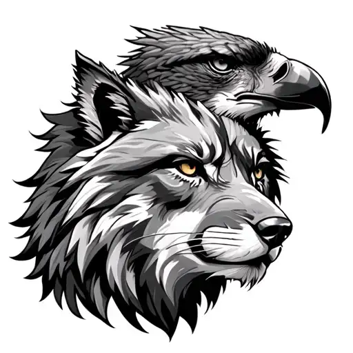 Half Lion Face Half Wolf Face And Eagle On The Top