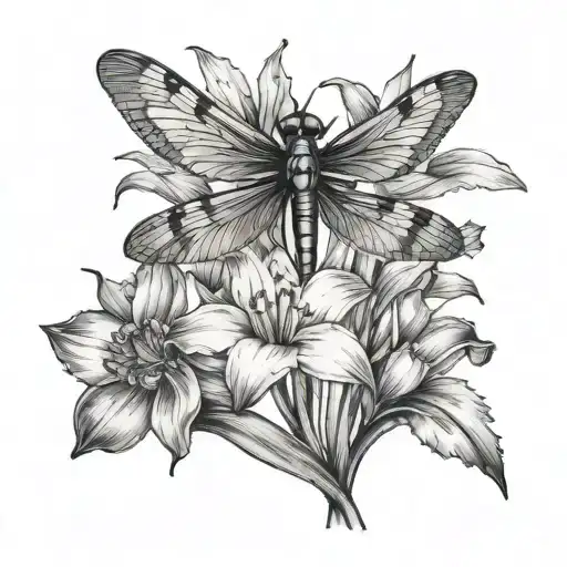 A Dragonfly Hovering Over A Field Of Daffodil Flowers