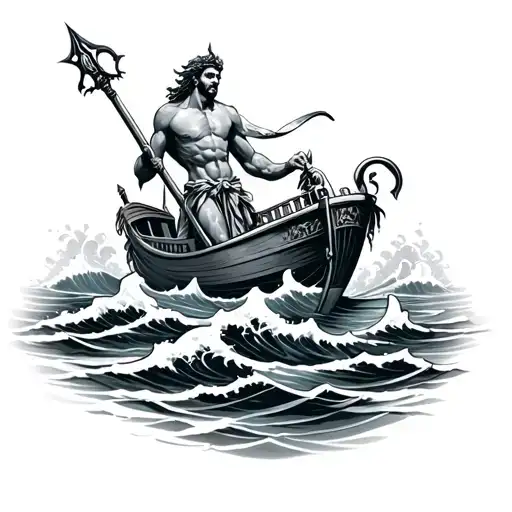 Poseidon With Spear On Boat With Waves Hitting The Boat