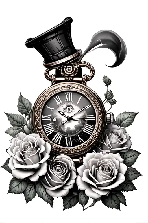 Steam Punk Watch Surrounded By Roses Growing And Alice In Wonderland