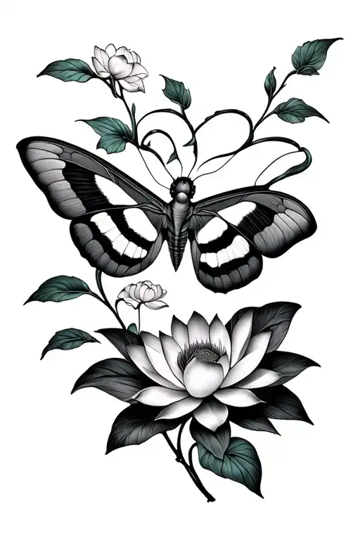 Chinese Luna Moth And Lotus Flower