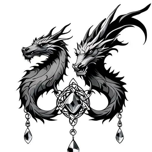 Celtic Design With 2 Dragon Heads Facing With A Large Jewel In Center With Small Hanging Jewels